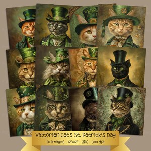 May include: A digital collage of 12 images featuring cats dressed in Victorian-style clothing and green hats with shamrocks. The cats are in various poses and expressions, and the background is a green and gold pattern.