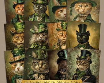 St.Patrick’s Day Victorian Cats Junk Paper, Printable Irish Paper, Cats Digital Paper, St. Paddy's Day Background, Ephemera, Scrapbook