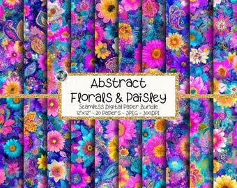 Boho Floral Digital Paper Bundle, Seamless Bright Flower Paisley Patterns (Digital Download)