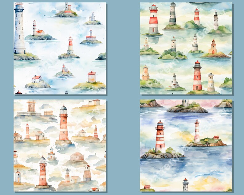 Charming Lighthouses Seamless Patterns, Watercolor Lighthouses Digital ...