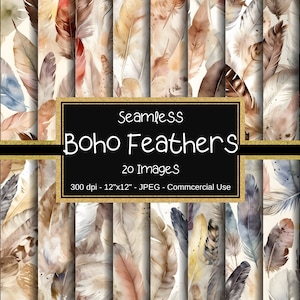 シームレスなボヘミアン風羽根の水彩画 - シームレスパターン、水彩画クリップアート、商用利用可、ボヘミアンスタイル、スクラップブッキング、即時ダウンロード