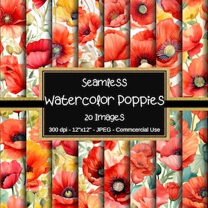 Aquarelles motifs sans couture de coquelicots, papier numérique fleur de pavot, 12 x 12 po, 20 modèles, papier numérique coquelicots, motif floral
