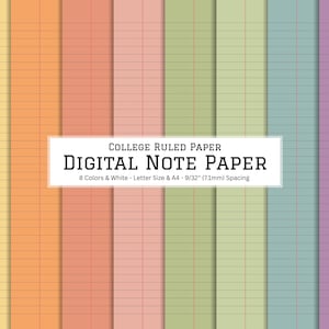May include: Digital note paper in eight colours, including yellow, orange, coral, pink, green, teal, and purple. The paper has a college-ruled design with a 7.1mm spacing. The text on the image reads "COLLEGE RULED PAPER DIGITAL NOTE PAPER".