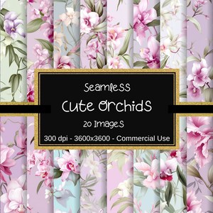 Könnte beinhalten: Ein Set mit 20 digitalen nahtlosen Mustern mit rosa, lila und weißen Orchideen auf hellblauem, grünem und rosa Hintergrund. Die Muster sind 3600x3600 Pixel groß und haben eine Auflösung von 300 dpi. Der Text "Seamless Cute Orchids 20 Images 300 dpi - 3600x3600 - Commercial Use" wird auf schwarzem Hintergrund angezeigt.