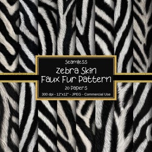 Puede incluir: Una colección de patrones de piel de cebra de imitación sin costuras. La imagen presenta un patrón repetitivo de rayas blancas y negras, con una apariencia texturizada. El texto en la imagen dice "Seamless Zebra Skin Faux Fur Pattern".