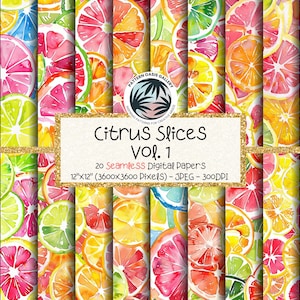 Colorful Citrus Slices Digital Paper, Fruit Pattern (12x12, 20 Images)