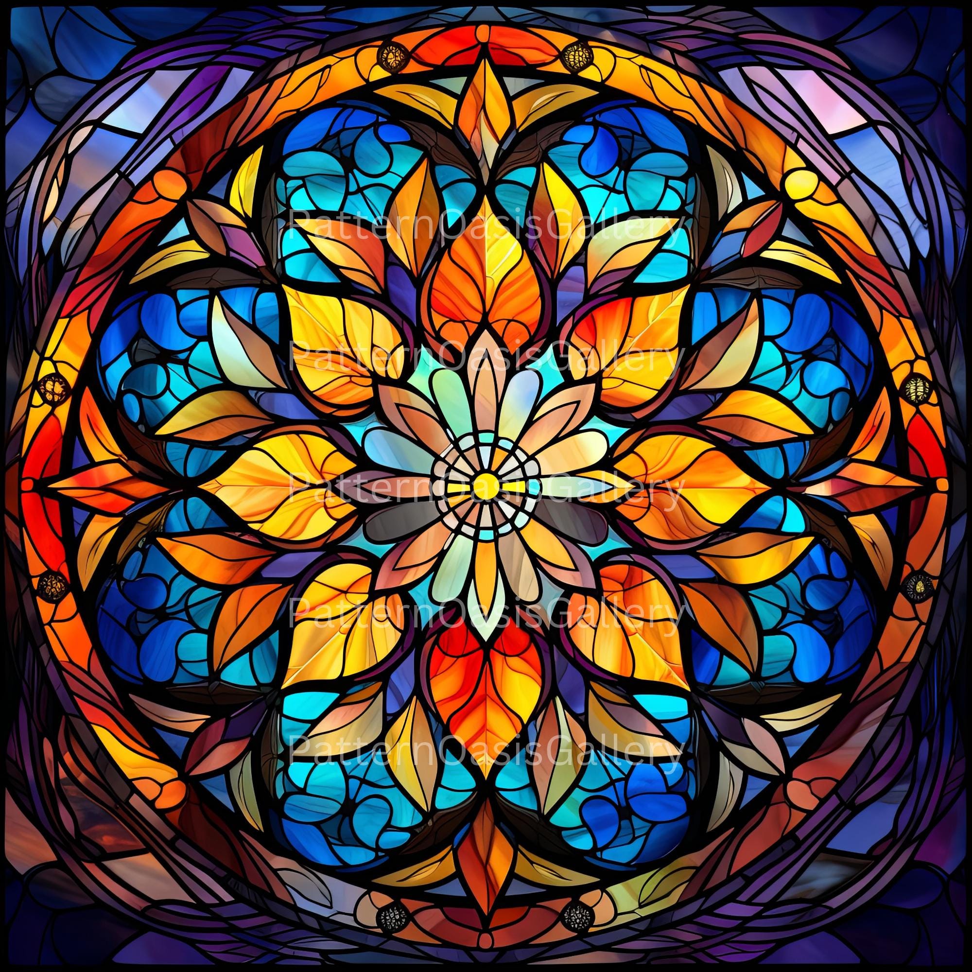 Stained Glass Mandalas Digital Paper, Mandala Stained Glass Background ...