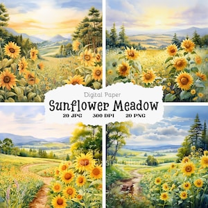 ひまわり畑のクリップアート20点、ひまわりの絵、夏の花、印刷可能な水彩画クリップアート、高品質のJPGとPNG、ペーパークラフト、#104