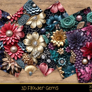 May include: Five digital paper designs featuring 3D flowers with jeweled accents. The designs are in shades of pink, red, gold, teal, purple, and black. The text "3D Flower Gems" is at the bottom of the image.