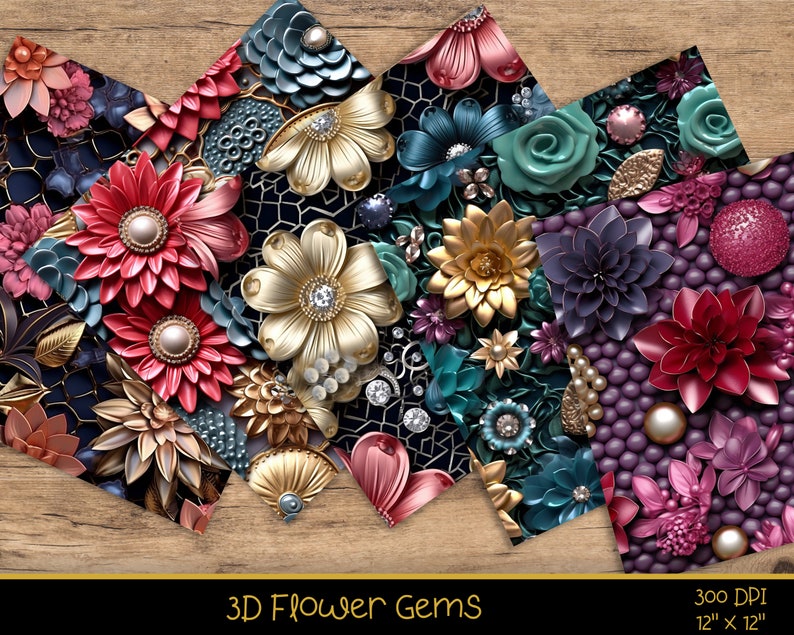May include: Five digital paper designs featuring 3D flowers with jeweled accents. The designs are in shades of pink, red, gold, teal, purple, and black. The text "3D Flower Gems" is at the bottom of the image.