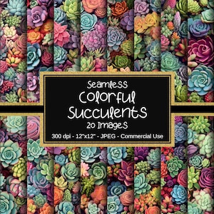 Carta digitale senza soluzione di continuità succulenta, motivo succulento colorato, 20 disegni, 12"x12", uso commerciale, motivo cactus, succulente stravaganti