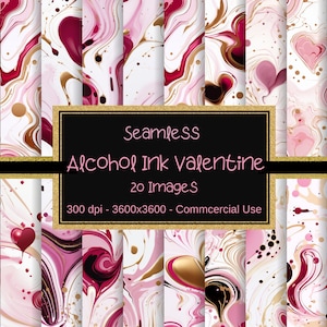 May include: 20 seamless digital paper patterns featuring pink, red, and gold alcohol ink swirls with hearts.  The patterns are 3600x3600 pixels and 300 dpi.  Commercial use is allowed.
