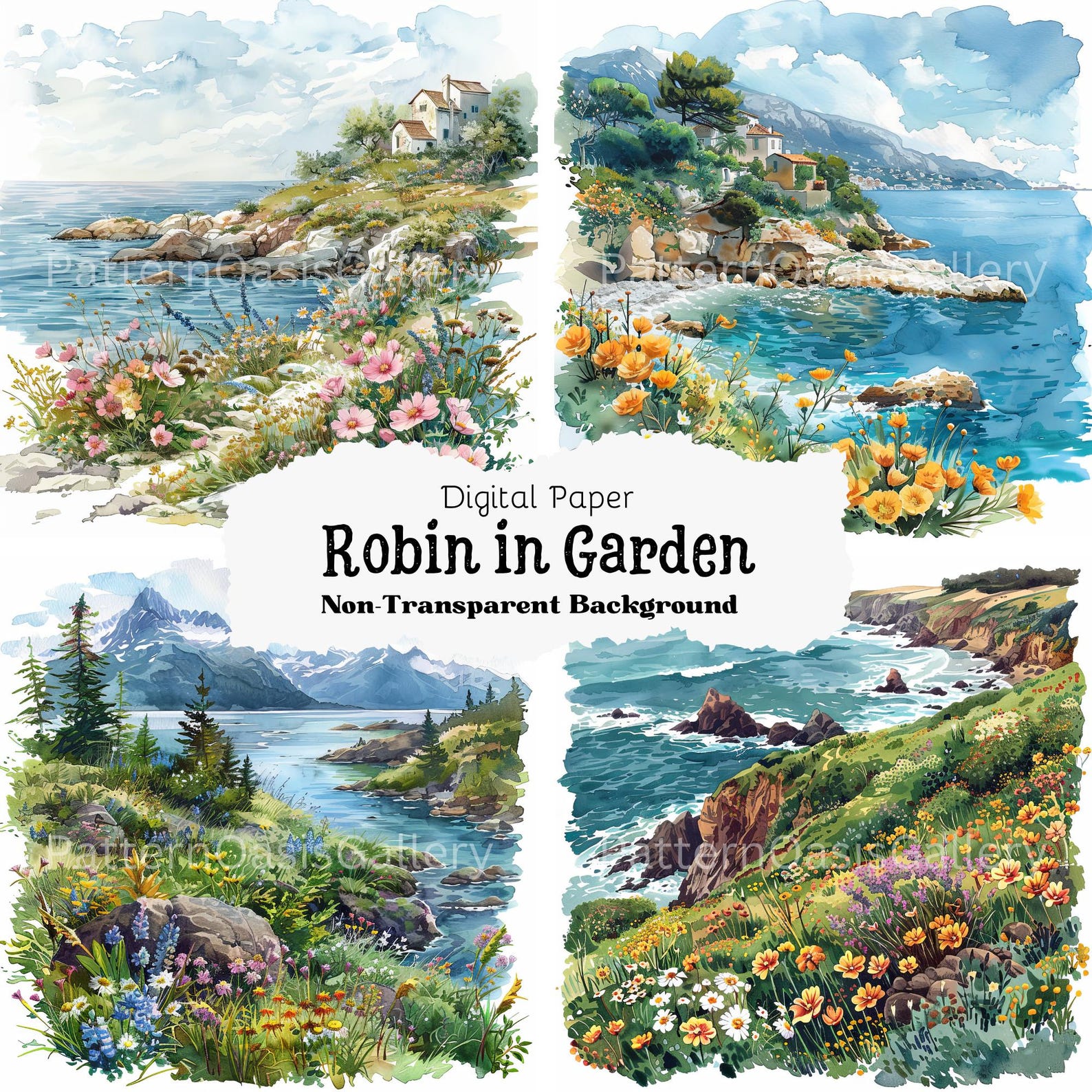 20 Coastal Spring Landscape Clipart, 20 Jpgs, Watercolor Seaside ...