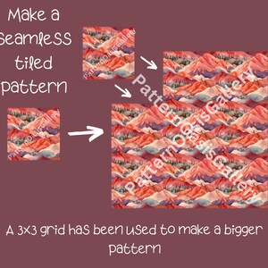 Op de afbeelding: Een naadloos patroon van aquarelbergen in tinten rood, oranje, roze en blauw. Het patroon is opgebouwd uit een 3x3 raster van kleinere vierkanten, elk met een ander deel van het gebergte. De tekst "Pattern Oasis Gallery" wordt herhaald in het hele patroon.