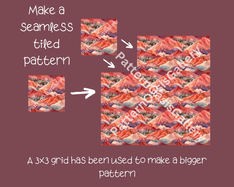 Op de afbeelding: Een naadloos patroon van aquarelbergen in tinten rood, oranje, roze en blauw. Het patroon is opgebouwd uit een 3x3 raster van kleinere vierkanten, elk met een ander deel van het gebergte. De tekst "Pattern Oasis Gallery" wordt herhaald in het hele patroon.