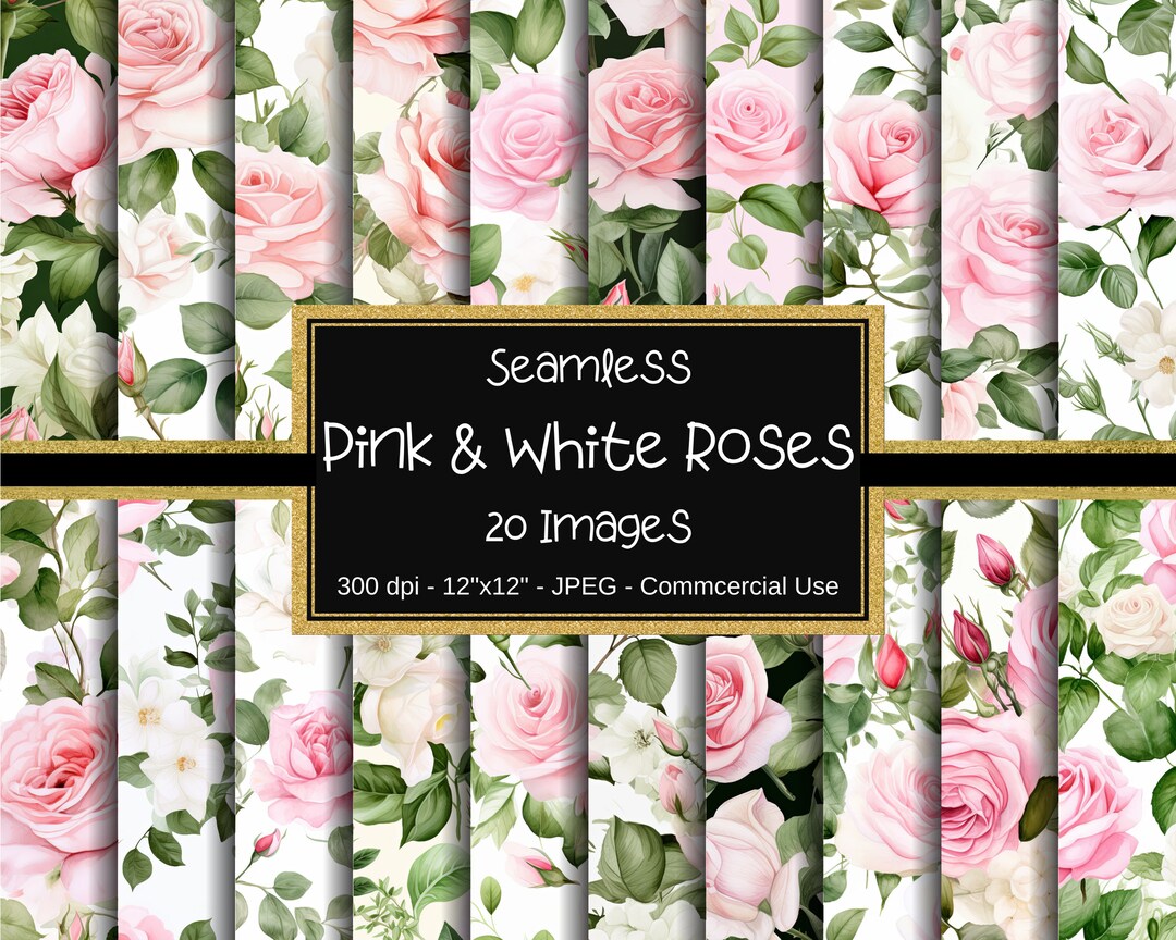 Pink and White Roses Seamless Digital Papers, Rose Watercolor Scrapbook ...