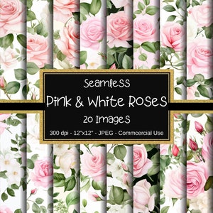 Papiers numériques sans couture avec roses roses et blanches, papier de scrapbooking aquarelle rose, 12 x 12 po, 20 modèles, fond de mariage, motif floral
