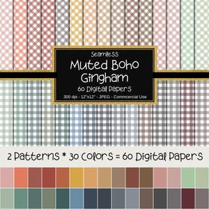 Gingham Pattern Seamless Digital Paper, Muted Boho Colours & White, Scrapbook Pages, Backgrounds Commercial Use, 12&quot;x12&quot;, 60 Papers