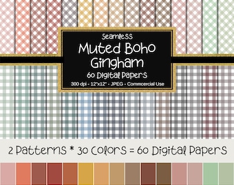 Gingham Pattern Seamless Digital Paper, Muted Boho Colours & White, Scrapbook Pages, Backgrounds Commercial Use, 12"x12", 60 Papers