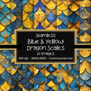 Dragon Scales Seamless Digital Paper, Blue and Yellow Dragon Scales, 12&quot;x12&quot;, 20 Images, Mermaid Scale Patterns for Craft & Design Projects