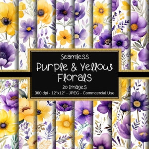 Motifs floraux sans couture violets et jaunes, papiers numériques violets et jaunes, 20 modèles, 30 x 30 cm, usage commercial, motif floral