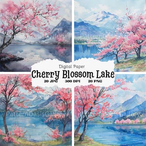 20 Cherry Blossom Images, Cherry Blossom Tree by a Lake Clipart, Japan Clipart, Printable Watercolor Clipart, High Quality JPGs, #148