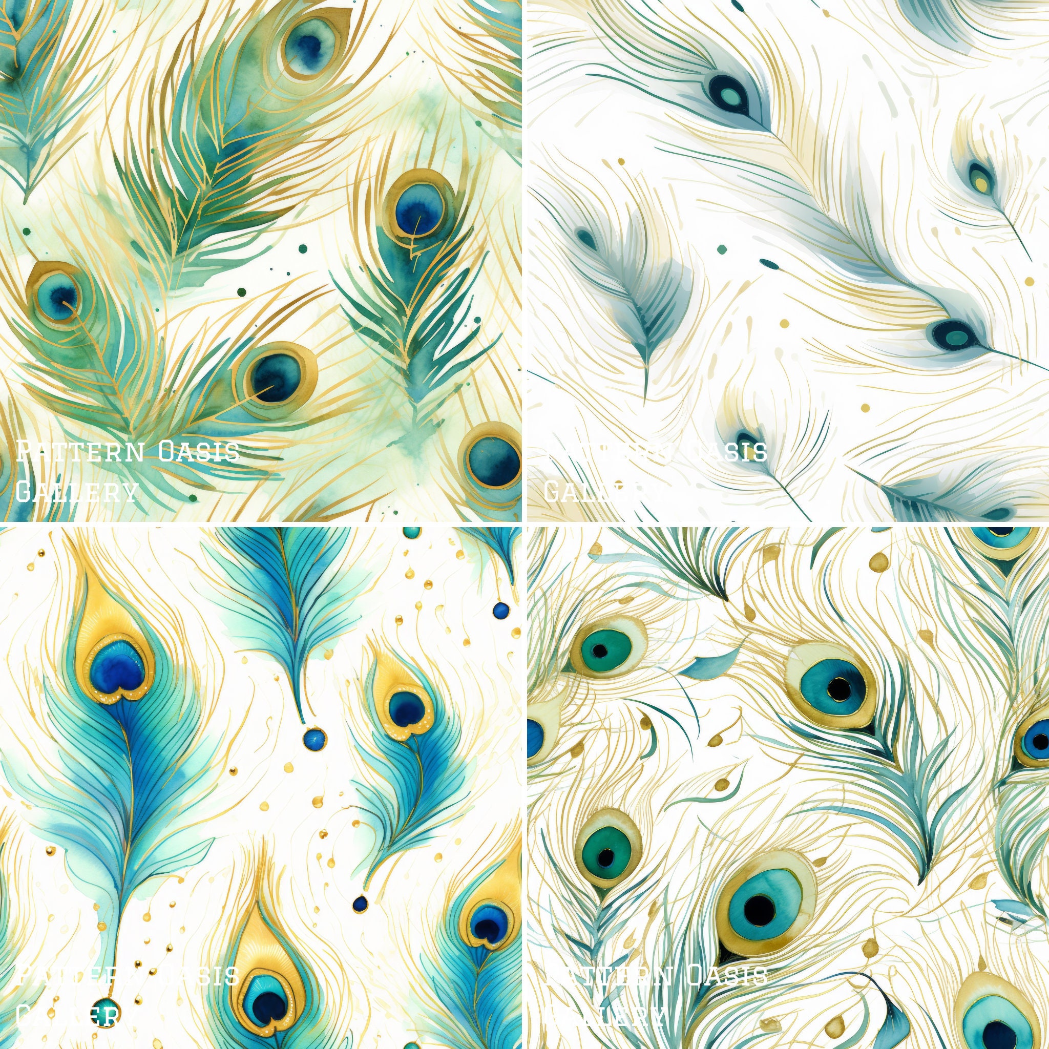 Peacock Feathers SEAMLESS Digital Paper Pack, Watercolor Peacock ...