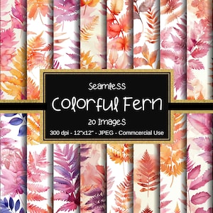 Papel digital sem emenda de samambaia, padrões sem emenda de folhas de samambaia coloridas, 12&quot; x 12&quot;, 20 imagens, papel de colagem botânica, fundo abstrato de samambaia