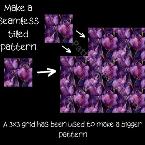May include: A seamless pattern design featuring purple tulip illustrations with gold accents. The image shows how a 3x3 grid can be used to create a larger pattern. Text reads: "Make a seamless tiled pattern."