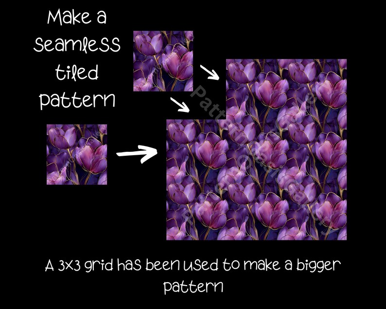 May include: A seamless pattern design featuring purple tulip illustrations with gold accents. The image shows how a 3x3 grid can be used to create a larger pattern. Text reads: "Make a seamless tiled pattern."