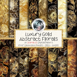 Golden Florals Seamless Pattern, Luxury Gold Flowers Digital Paper, 20 Images, 12&quot;x12&quot;, Commercial Use, Abstract Floral Design, Gold Pattern