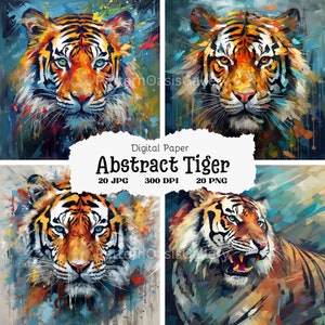 May include: A digital paper pack featuring four abstract tiger illustrations. The tigers are depicted in a colourful, painterly style with splashes of blue, green, yellow, orange, and red.