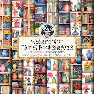 Bookshelf Seamless Digital Paper, Floral Bookshelves, 20 Images, 20"x12", Instant Download, Library Background Papers, Watercolor Bookshelf