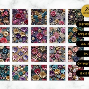 May include: 20 digital paper designs featuring intricate floral patterns with gold, pink, purple, and teal accents. The designs are 12x12 inches and 300 dpi.