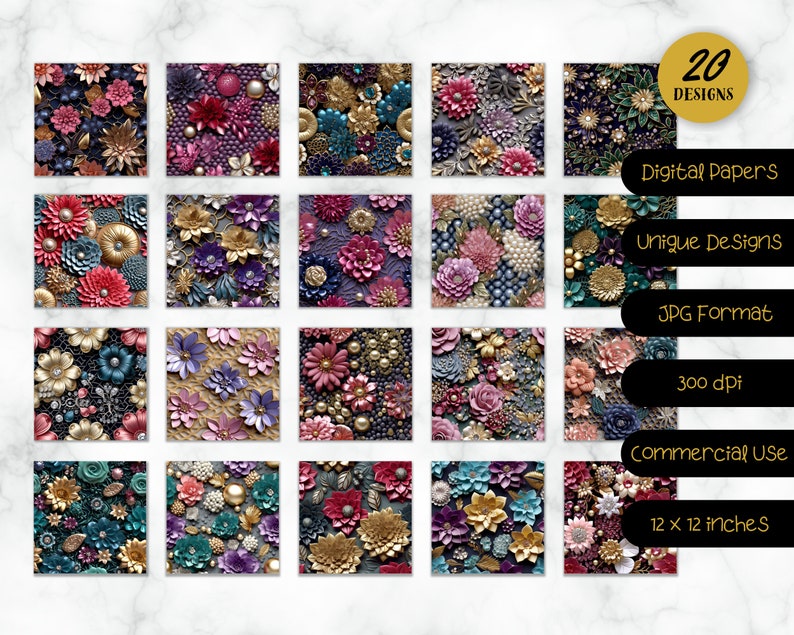 May include: 20 digital paper designs featuring intricate floral patterns with gold, pink, purple, and teal accents. The designs are 12x12 inches and 300 dpi.