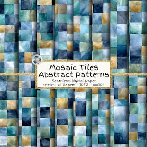 Op de afbeelding: Een digitale papiercollectie met een mozaïektegelpatroon in tinten blauw, groenblauw en goud. Een centraal label toont de tekst: Mosaic Tiles Abstract Patterns, Seamless Digital Paper, 30,5x30,5 cm - 20 vellen - JPEG - 300DPI.