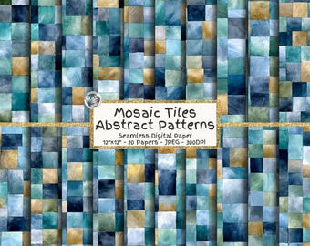 Mosaic Digital Paper Bundle, Seamless Blue & Gold Tile Patterns (Digital Download)