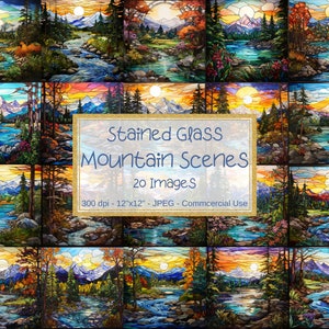 May include: A collection of 20 stained glass mountain scenes. Each image depicts a vibrant landscape with a river, trees, and mountains, rendered in a colorful, mosaic-like style. The text on the image reads "Stained Glass Mountain Scenes, 20 Images, 300 dpi - 12"x12" - JPEG - Commercial Use."