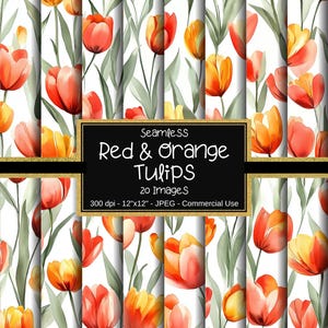 Watercolor Tulips Seamless Digital Paper, Red Orange Tulips, Floral Printable Paper, Floral Pattern, 20 Designs, 12"x12", Scrapbook Paper