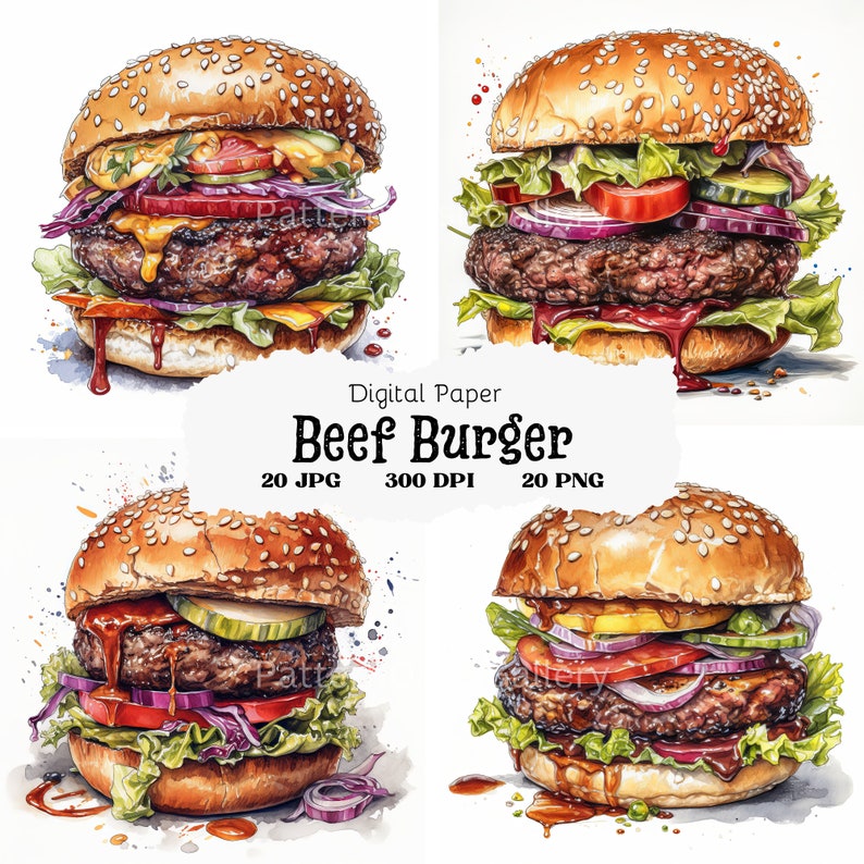 Op de afbeelding: Vier aquarel illustraties van rundvleesburgers met verschillende toppings, waaronder sla, tomaat, ui, augurken en kaas. De burgers zijn op witte achtergronden met kleurrijke verfspatten.