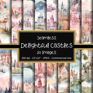 Delightful Castles Seamless Digital Paper, Watercolor Castles Patterns, 12&quot;x12&quot;, 20 Images, Castle Backgrounds, Whimsical Castles, Charming