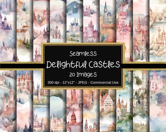 Delightful Castles Seamless Digital Paper, Watercolor Castles Patterns, 12"x12", 20 Images, Castle Backgrounds, Whimsical Castles, Charming