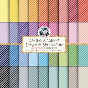 Puede incluir: Un conjunto de 36 papeles digitales con rayas diagonales en colores arcoíris. Cada papel mide 30,48 cm x 30,48 cm y presenta un diseño sin costuras. La imagen incluye el texto "Rainbow Colors Diagonal Stripes #2".