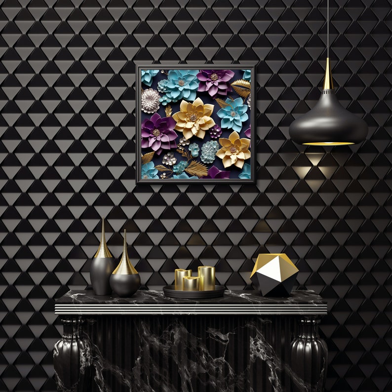 May include: A black mantelpiece with a black marble top. The mantelpiece has two gold and black decorative vases, three gold candle holders, and a gold geometric object. A framed print of colourful paper flowers hangs on the wall behind the mantelpiece.