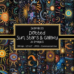 May include: A set of 20 digital seamless patterns featuring a black background with colourful dotted suns, stars, and galaxies. The patterns are 12 inches by 12 inches and 300 dpi. They are for commercial use.
