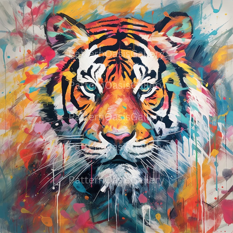 May include: A colourful abstract painting of a tiger's face. The tiger's fur is painted in shades of orange, yellow, and black, with splashes of blue, green, and pink paint throughout the background.