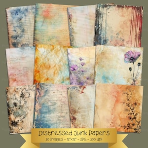 May include: Set of 20 digital paper backgrounds featuring distressed, vintage-style paper with watercolor washes and floral designs. The papers are 12 inches by 12 inches and 300 dpi.