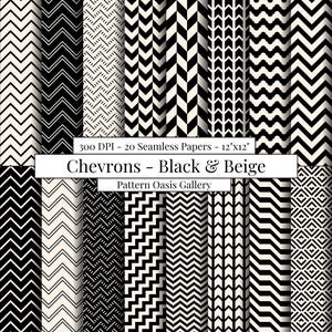 May include: A collection of black and beige chevron patterns. The image displays various designs, including zigzags, chevrons, and geometric shapes. The text reads "Chevrons - Black & Beige" and "300 DPI - 20 Seamless Papers - 12"x12".