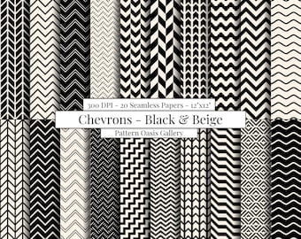 Black and Beige Seamless Digital Paper, Chevron Pattern, 12"x12", 20 Papers, Geometric Background, Black and Beige Digital Papers,Wavy Lines