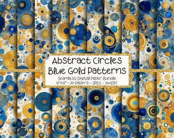 Abstract Circle Digital Paper Bundle, Seamless Blue Gold Cosmic Patterns (Digital Download)